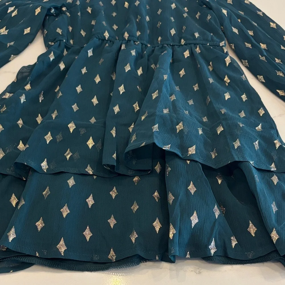 NWOT, Elegant Kids Dress in Teal with Gold Patterns